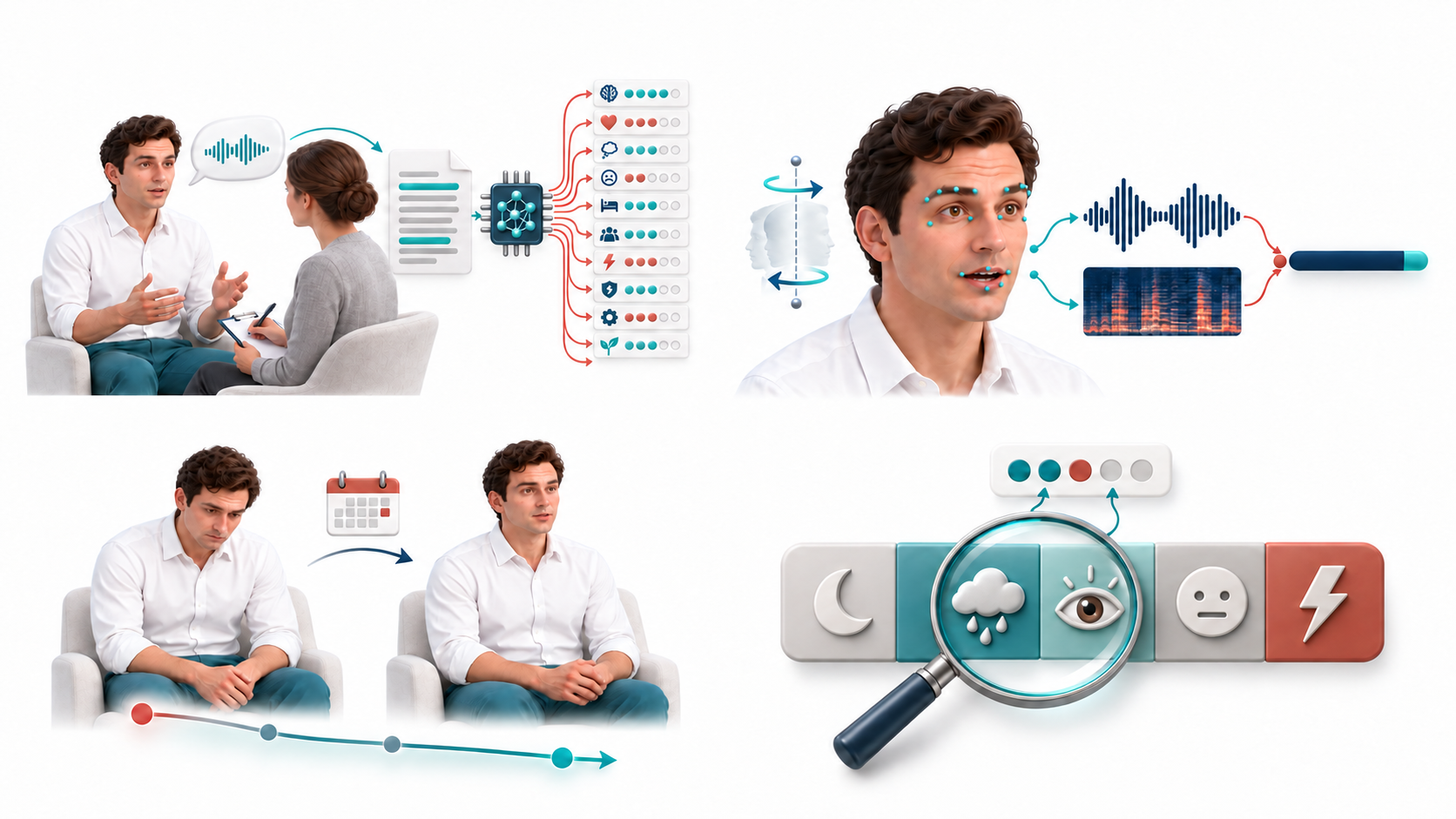 Illustration of transcript-based symptom rating, non-verbal signals, longitudinal symptom change and prediction interpretability